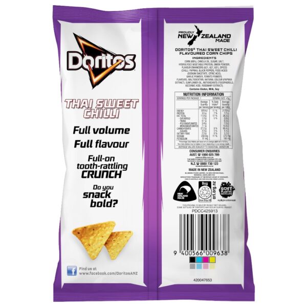 Back packaging of Doritos Thai Sweet Chilli corn chips, featuring nutritional information and branding.