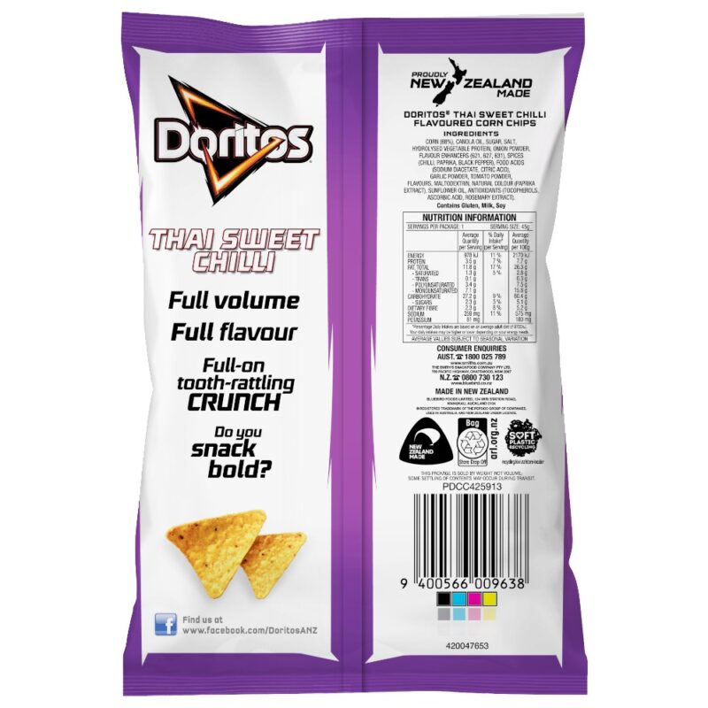 Back packaging of Doritos Thai Sweet Chilli corn chips, featuring nutritional information and branding.