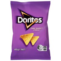 Pack of Doritos Thai Sweet Chilli corn chips weighing 45 grams with two chips displayed on the front.