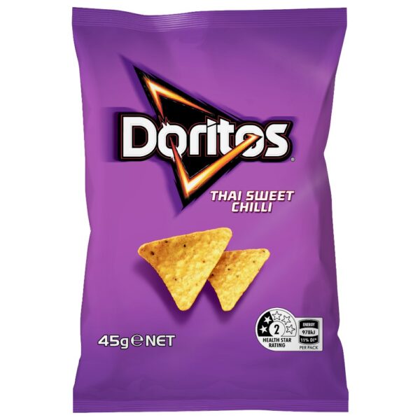 Pack of Doritos Thai Sweet Chilli corn chips weighing 45 grams with two chips displayed on the front.