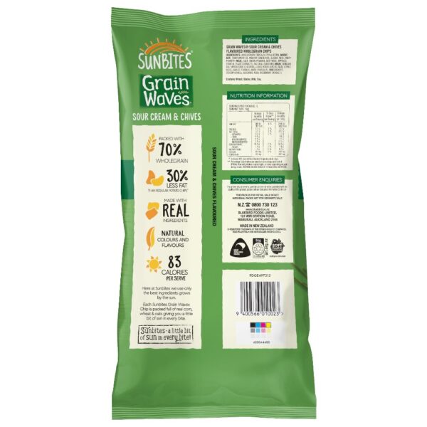 Back packaging of Sunbites Grain Waves Sour Cream and Chives snack, showing nutritional information and ingredients.
