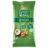 Pack of Sunbites Grain Waves Sour Cream and Chives snacks in a green bag containing six individual packs.