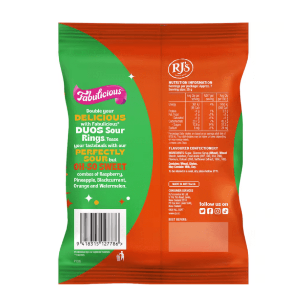 RJ's Fabulicious Duos Sour Gummy Rings 180g Nutritional Information