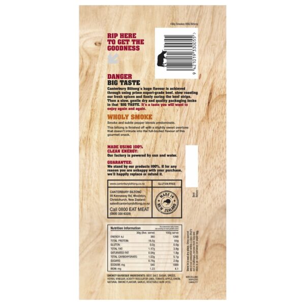 Back packaging of Canterbury Biltong 100g with BBQ flavour and nutritional information.