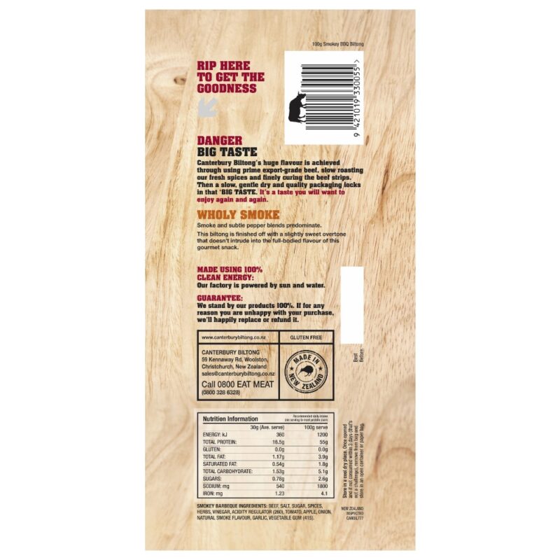 Back packaging of Canterbury Biltong 100g with BBQ flavour and nutritional information.