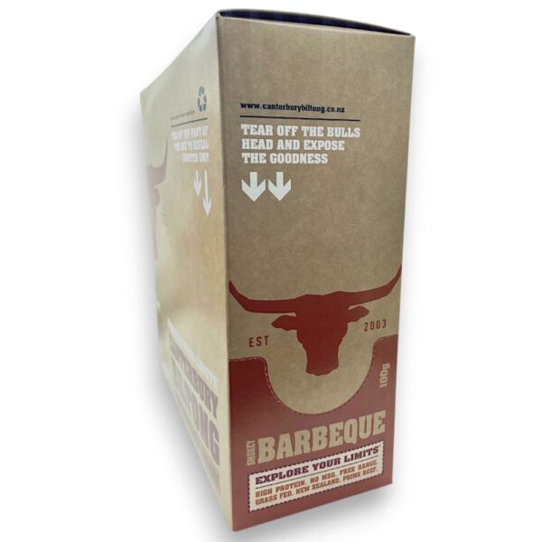 BBQ flavoured biltong carton with a bull logo and instructions on the side.