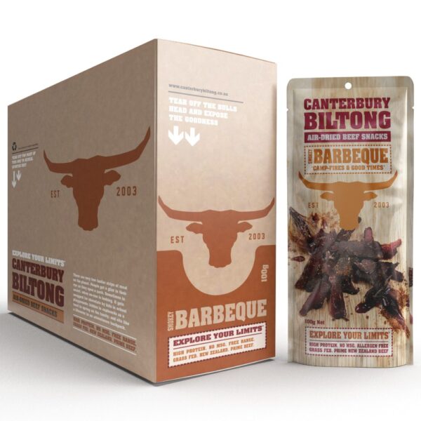 Packaged Canterbury Biltong air-dried beef snacks in BBQ flavour with a carton box.