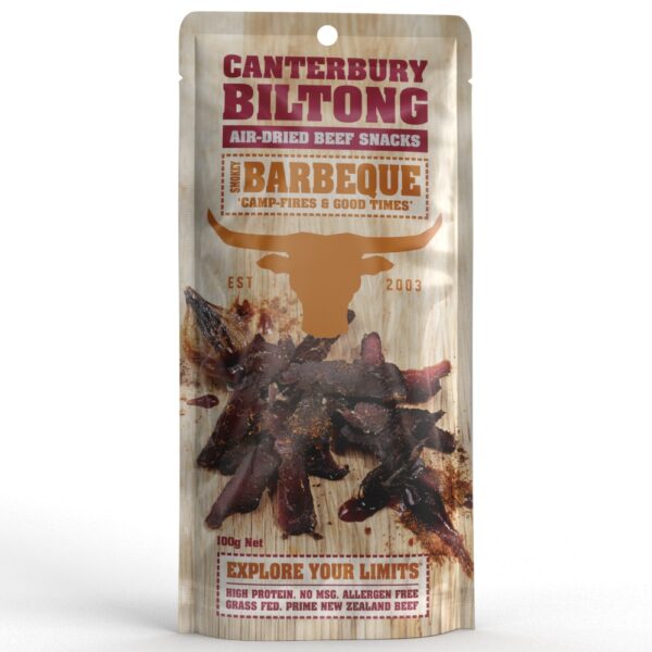 Packaging of Canterbury Biltong BBQ flavour air-dried beef snacks, 100g net weight.