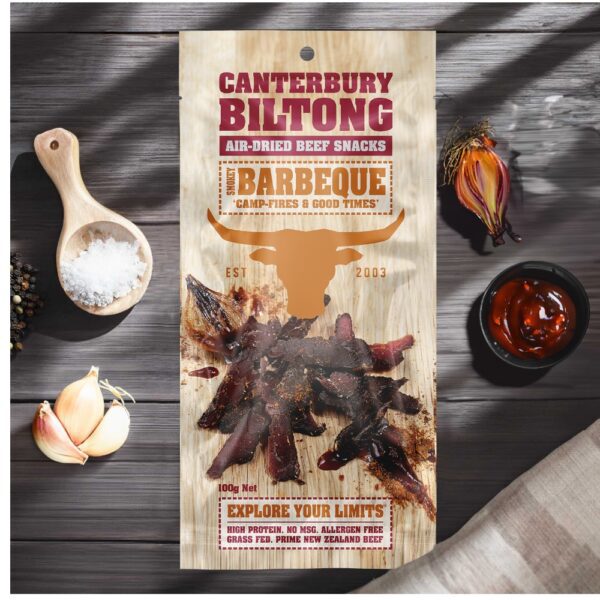 Packaged Canterbury biltong beef snacks with BBQ flavour and nutritional information on the label.