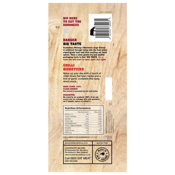 Back packaging of Canterbury Biltong Chilli Biersticks with nutritional information and ingredients list.