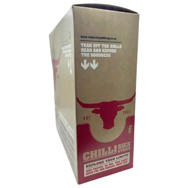 Chilli biersticks carton from Canterbury Biltong with a bull logo and product details on the side.