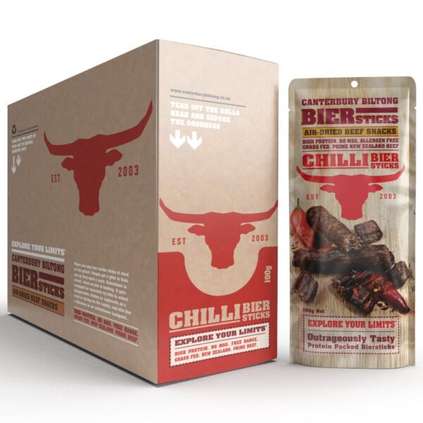 Packaging for Canterbury Biltong Chilli Bier Sticks, featuring a bull logo and product information.