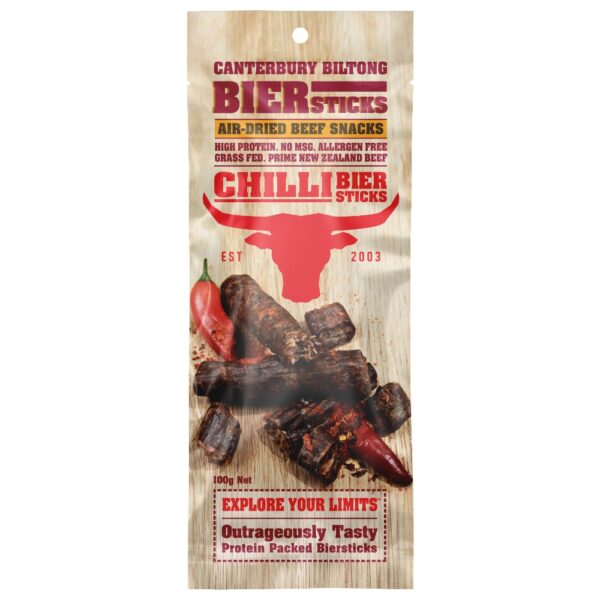 Pack of Canterbury Biltong Chilli Biersticks, an air-dried beef snack in a sealed pouch.