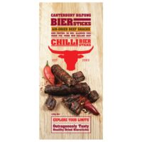 Pack of Canterbury Biltong Chilli Biersticks with air-dried beef snacks on a wooden background.