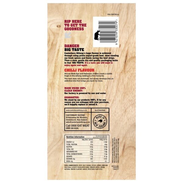 Back packaging of Canterbury Biltong Chilli Flavour 100g with nutritional information and barcode.