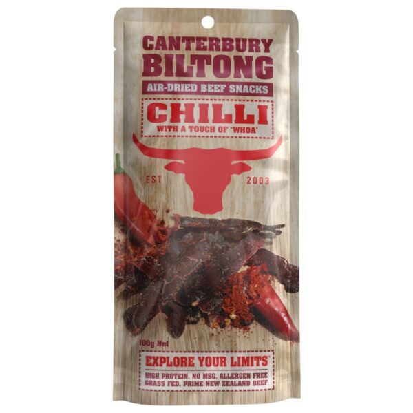 Packaged Canterbury biltong beef snacks with chilli flavour, featuring a cow graphic and nutritional information.