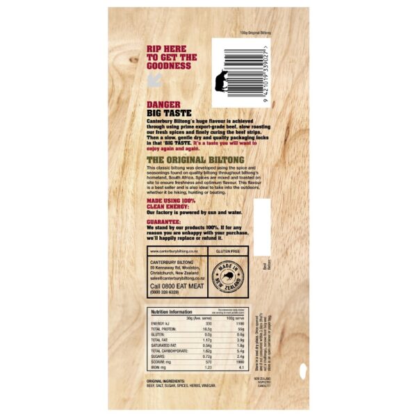 Back packaging of Canterbury Biltong 100g Original with nutritional information and instructions.