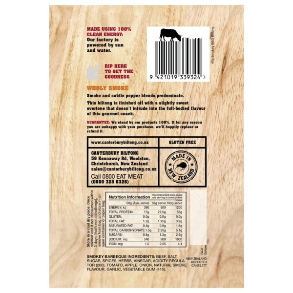 Back packaging of Canterbury Biltong 40g BBQ flavour with nutritional information and ingredients list.