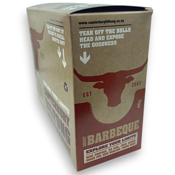BBQ flavour biltong carton with a bull logo and nutritional information on the packaging.