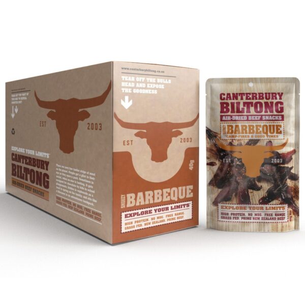 Packaging of Canterbury Biltong BBQ flavour 40g with a brown carton and air-dried beef snacks.