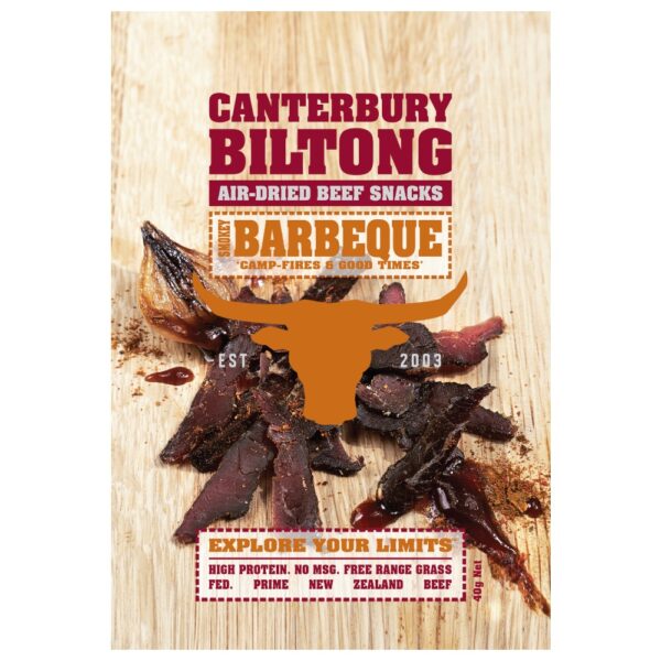Packaging of Canterbury Biltong air-dried beef snacks with barbecue flavour and branding.