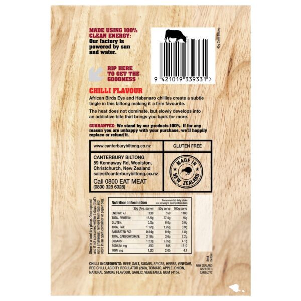 Back packaging of Canterbury Biltong 40g with chilli flavour information and ingredients listed.