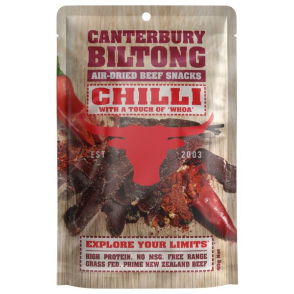 Pack of Canterbury Biltong Chilli air-dried beef snacks in a resealable pouch.