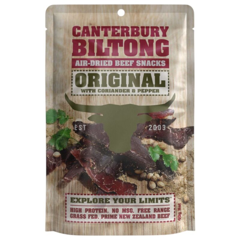 Packaging of Canterbury Biltong Original air-dried beef snacks with coriander and pepper.