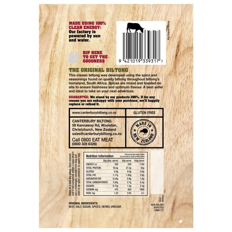 Back packaging of Canterbury Biltong Original 40g with nutritional information and ingredients list.