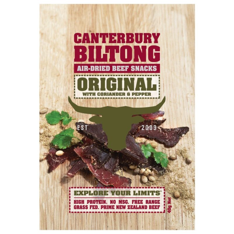 Packaging of Canterbury Biltong Original air-dried beef snacks with coriander and pepper.