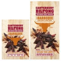 Packaging of Canterbury Biltong BBQ air-dried beef snacks with beef pieces displayed in 40g and 100g varieties.