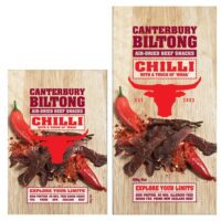 Selection of Canterbury Biltong Chilli air-dried beef snacks featuring a bull logo and red chilli peppers.