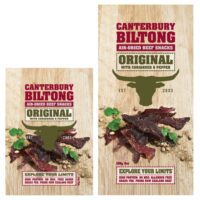 Canterbury Biltong Original air-dried beef snacks packaging featuring coriander and pepper.