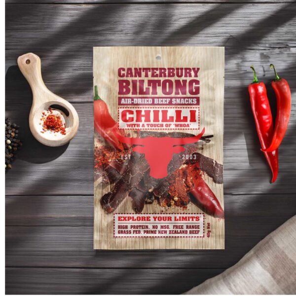 Pack of Canterbury Biltong air-dried beef snacks with chilli flavour and red chillies on the packaging.