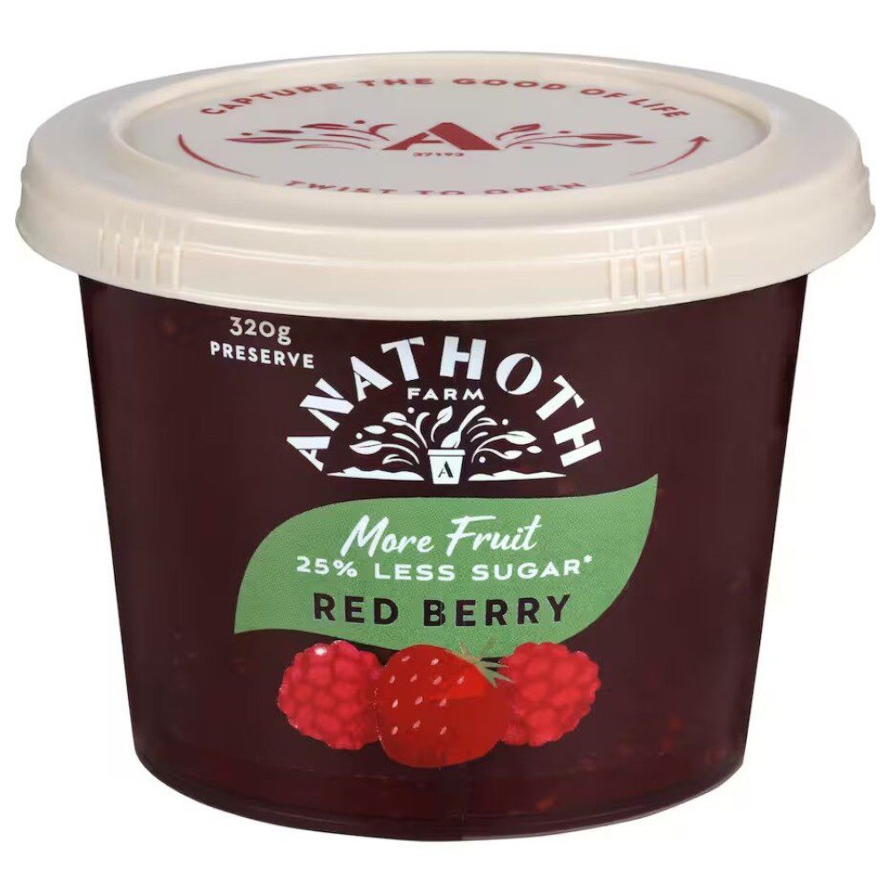 Pot of Anathoth Farm Red Berry Preserve with 25% less sugar, 320g.