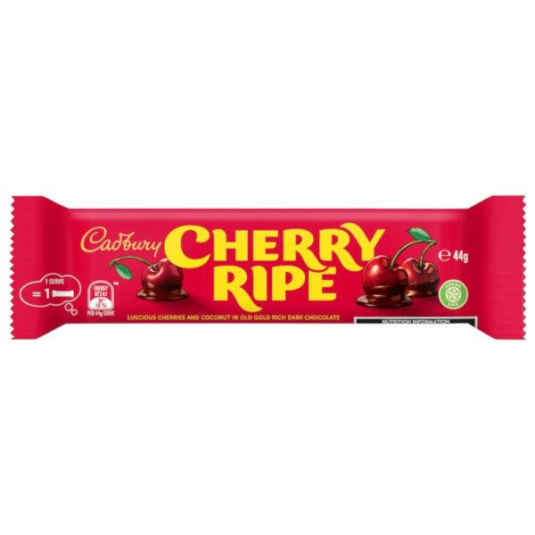 Cadbury Cherry Ripe chocolate bar packaging featuring cherries and coconut in dark chocolate.