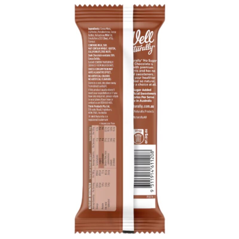 Back view of a 90g Well Naturally dark chocolate bar packaging with nutritional information.