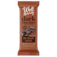 90g bar of Well Naturally dark chocolate with no sugar added, featuring cocoa pieces on the packaging.