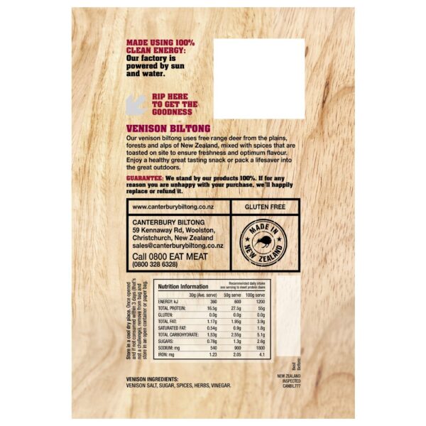 40g pack of Canterbury venison biltong with nutritional information and ingredients listed on the back.