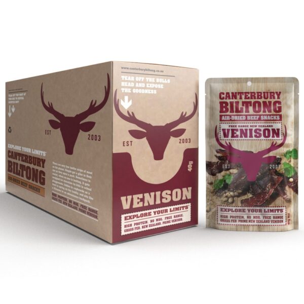 Carton packaging of Canterbury Biltong containing 40g of venison air-dried snacks.