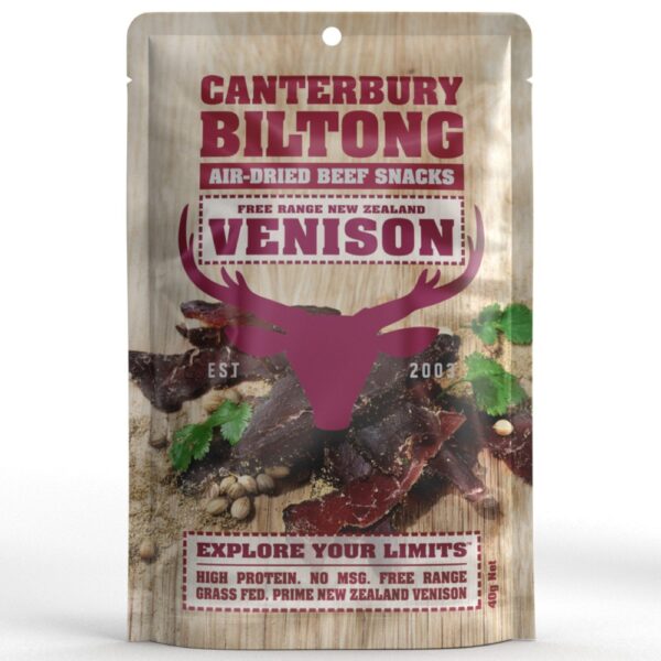 Pack of Canterbury Biltong air-dried venison snacks featuring a bull logo and nutritional information.