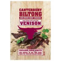 Packaging of Canterbury Biltong air-dried venison snacks, featuring a bull logo and product details.