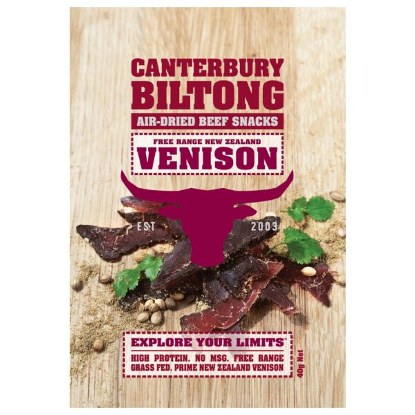 Packaging of Canterbury Biltong air-dried venison snacks, featuring a bull logo and product details.