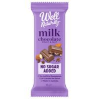 Well Naturally milk chocolate fruit and nut bar in purple packaging, 90g size with no sugar added label.