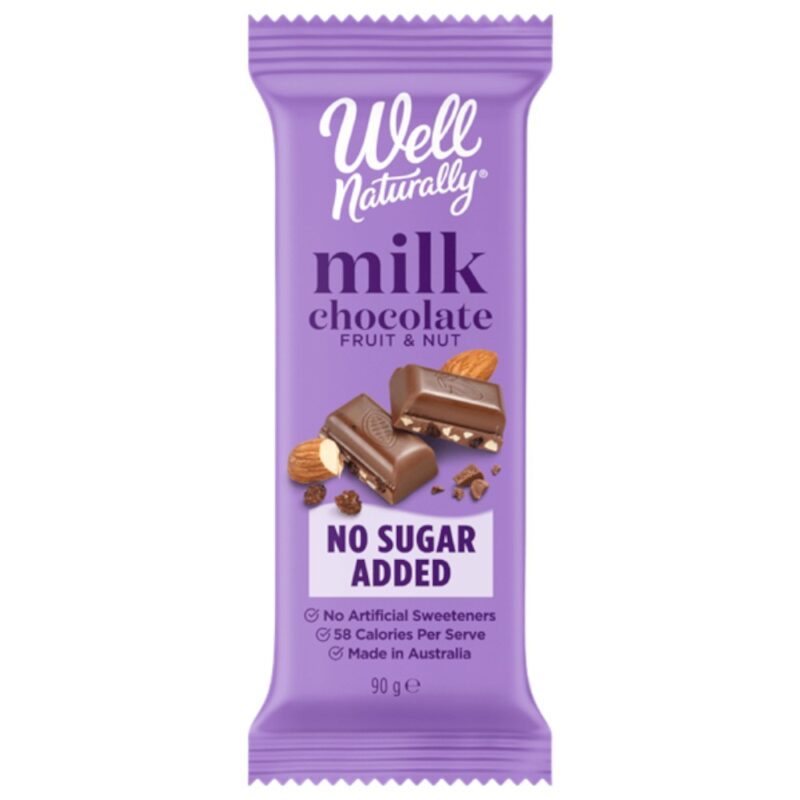 Well Naturally milk chocolate fruit and nut bar in purple packaging, 90g size with no sugar added label.