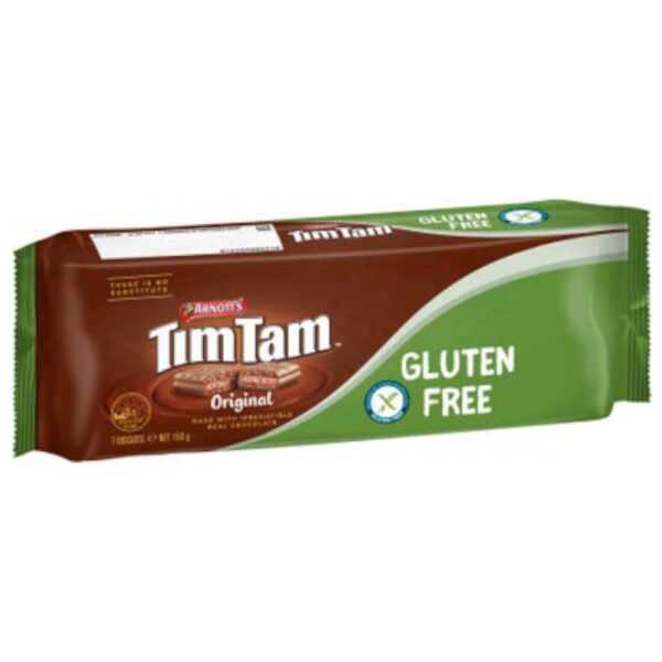Pack of Arnott's Tim Tam gluten free original chocolate biscuits in a brown and green wrapper.