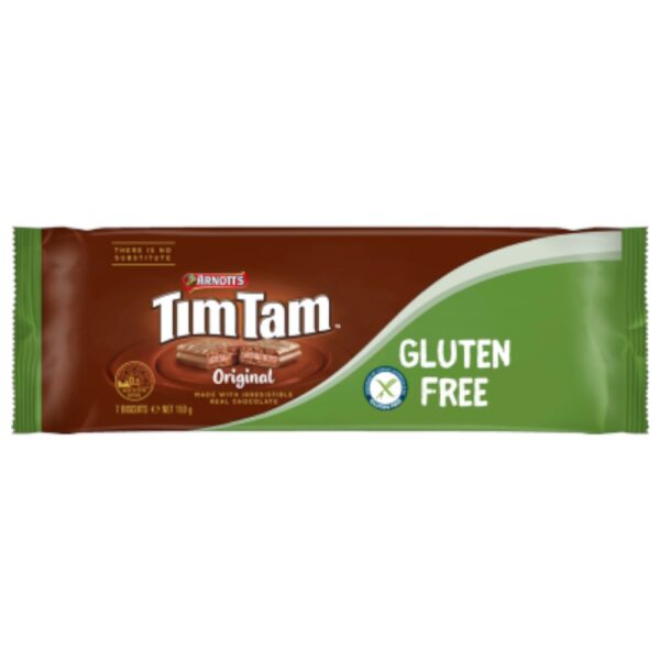 Pack of Arnott's Tim Tam gluten free original chocolate biscuits with a brown and green design.