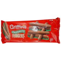 Packaging of Griffin's Gingernut Fingers biscuits, featuring a red background and images of the biscuits.