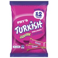 Fry's Turkish Delight share pack featuring 12 individually wrapped pieces in a purple bag.
