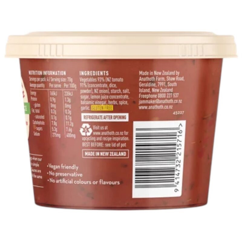 Tub of Anathoth Farm tomato with herb pizza sauce showing ingredients and nutritional information.